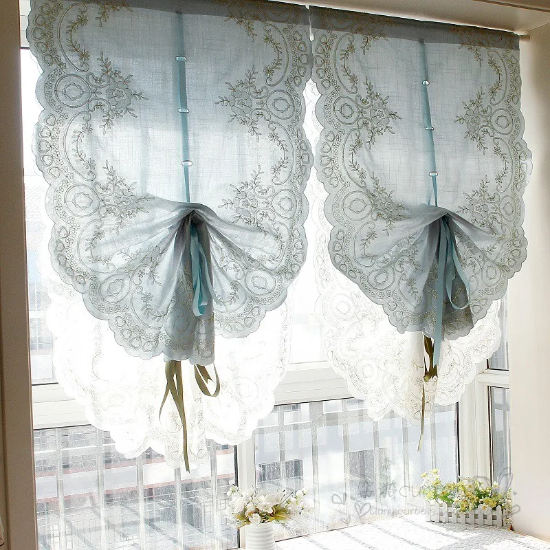 

Blue simple European American finished balloon pull curtain fan-shaped Velcro Roman curtain door curtain partition curtain