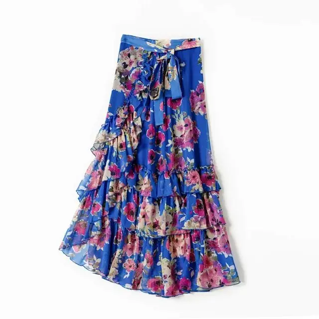 

2021 Spring and Summer New Ethnic Style Color Flower Print Ruffle Wrap Skirt Women