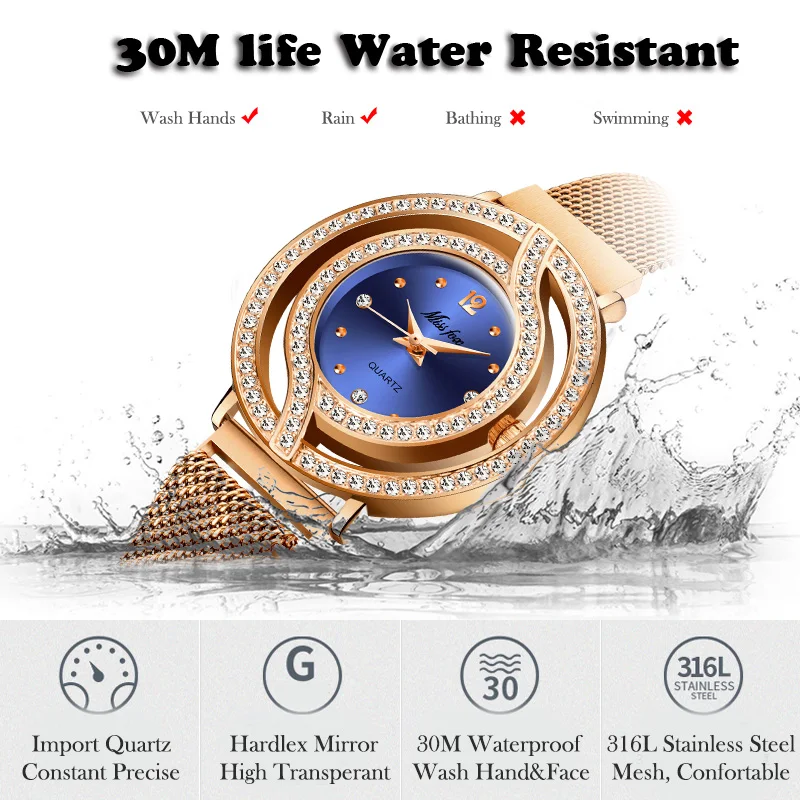 Часы MISSFOX женские из розового золота роскошные брендовые водонепроницаемые с