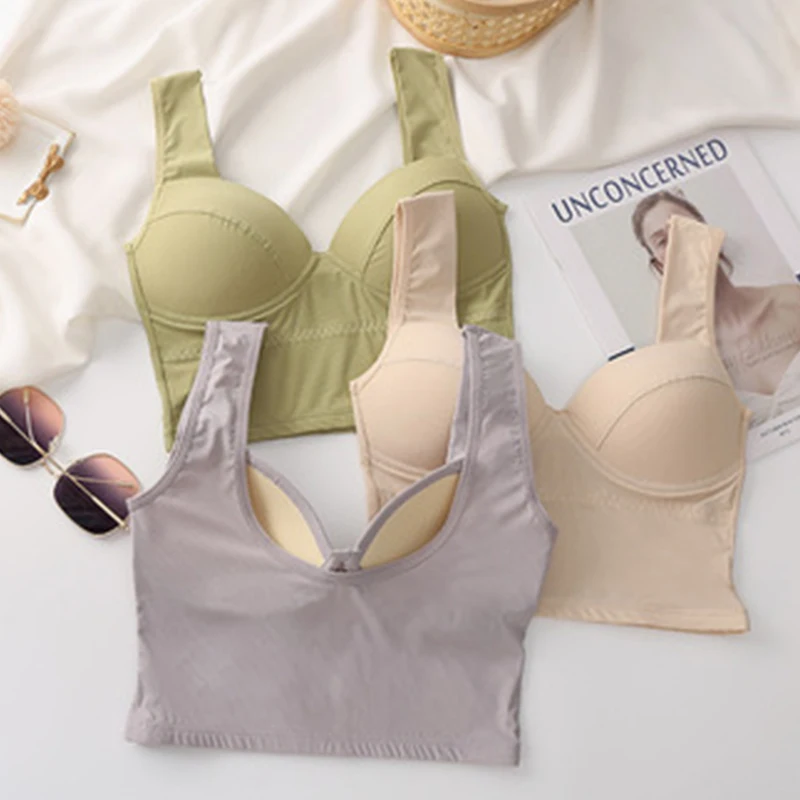 

FINETOO Push Up Tank Top Women Bra Top Underwear Crop Tops For Girls Women's Ice Silk Tube Top Seamless Sexy V-Neck Bralette