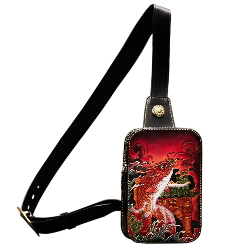 Кожаная нагрудная сумка ручной работы унисекс сумочка на плечо из парчовой кожи