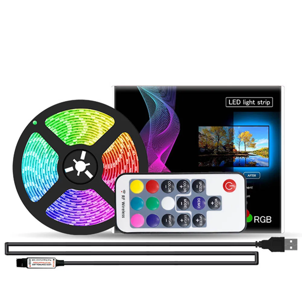

Светодиодная ленсветильник 5050SMD RGB с дистанционным управлением, 17 клавиш, подсветильник ка для телевизора, гибкая лента 5 В, разъем USB