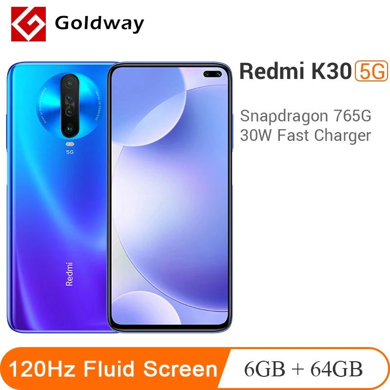 Многоязычная Xiaomi Redmi K30 5G 6 ГБ 64 Гб Смартфон Snapdragon 76 мегапиксельная
