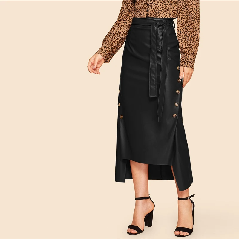 SHEIN Двубортная Асимметричная PU Юбка В Стиле 60-Х Годов С Поясом Женская Осенняя Коричневая Гламурная Юбка С Пуговицами