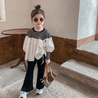 2021 autumn new childrens clothing girls korean striped stitching top and flared pants two piece baby kids girls clothes suit