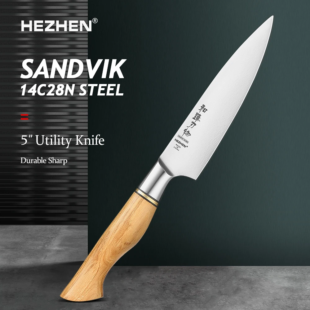 

HEZHEN Master Series 5 дюймов Sandvik 14C2 8N стальной Универсальный нож кухонные ножи с ручкой из оливкового дерева для резки овощей и салатов