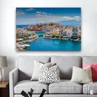 Греция, Летний морской пейзаж, Средиземное море, городской пейзаж, декор для гостиной, художественное украшение для дома, тканевый постер с деревянной рамкой