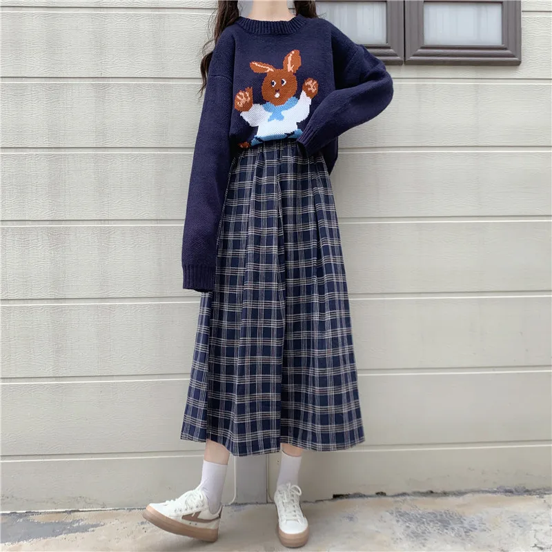 

Japanese Harajuku Women Midi Skirt Spring Autumn High Waist Plaid Skirts Female Saias Ulzzang Streetwear Elegant Long Skirt