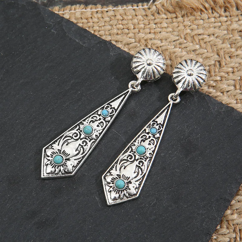 

Vintage Turquoise Beaded Metal Earrings For Women Tribal Jewelry Carved Flower Blue Stone Dangle Drop Earring