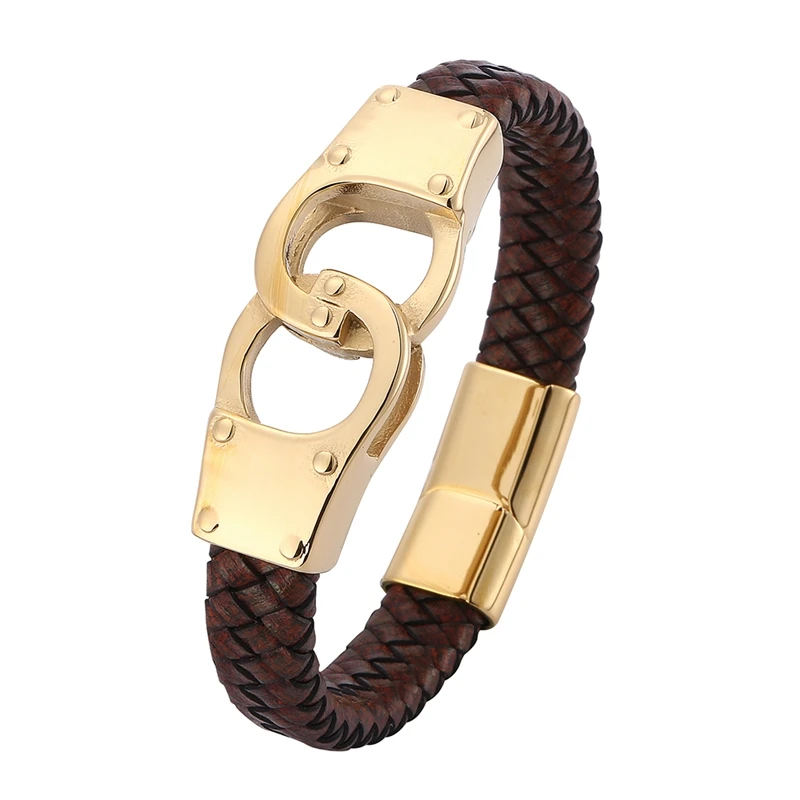 

Trendy Men Brown Braided Genuine Leather Bracelet Punk Jewelry Stainless Steel Handcuffs Magnetic Clasp Charm Wristband PD0762