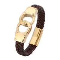 trendy men brown braided genuine leather bracelet punk jewelry stainless steel handcuffs magnetic clasp charm wristband pd0762