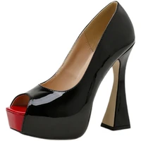women platform heels red peep toe block heel shoes black patent leather ladies pumps classic high heels tenis feminino