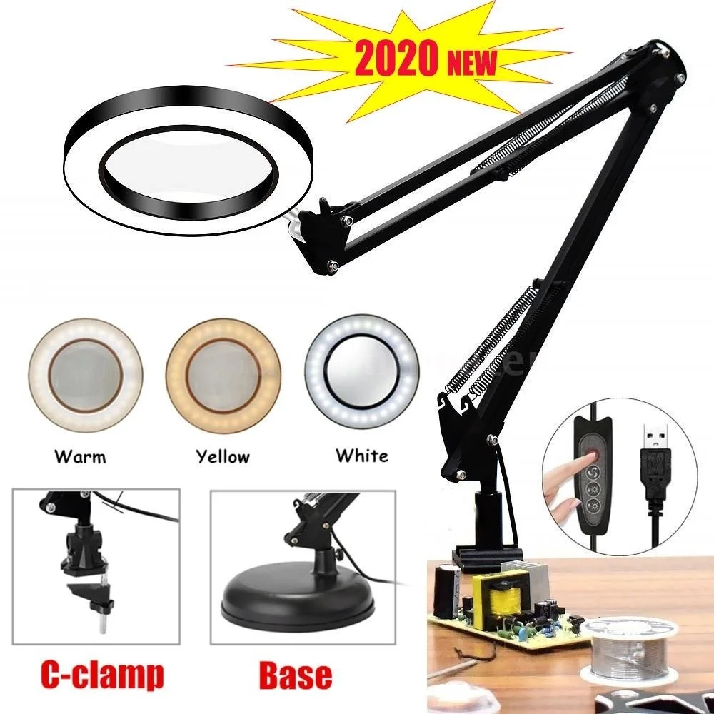 

Foldable 5X Magnifying Glass Desk Lamp Magnifier LED Light Reading Lamp with 3 Dimming Modes USB Loupe Reading/Rework/Soldering