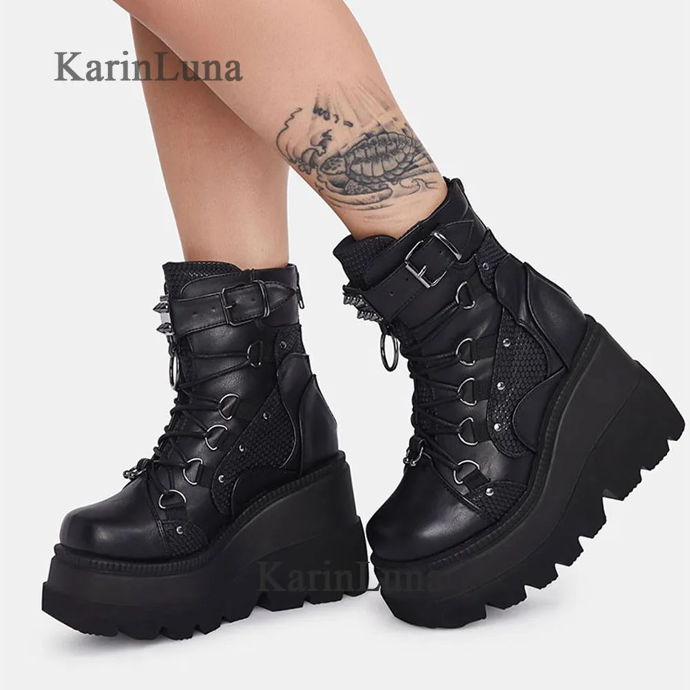 

KarinLuna Dropship Brand Design Gothic Style High Heels Black Platform Ankle Boots Street Cool Comfy Woman Wedges Shoes