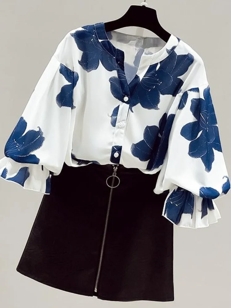 

Chiffon Printed Women Shirts Summer New 2021 Printed Lantern Sleeved Ruffles Loose Elegant Blue Office Lady Outwear Tops
