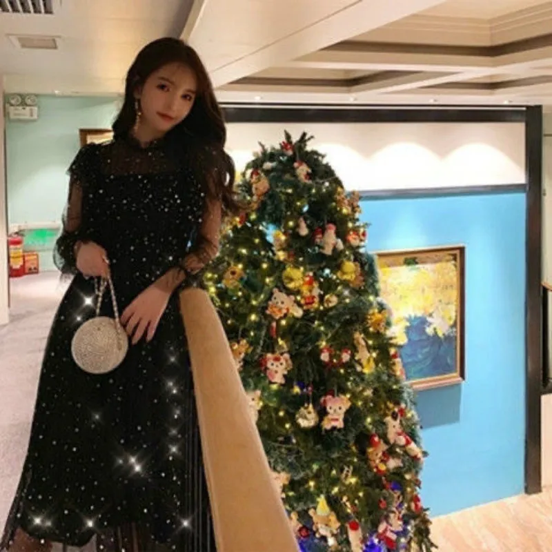 

2021 New Spring Autumn Women Stars Sequins Mesh Dress Ruffles Stand Collar Mid-calf Dress Sweet Fairy Mesh Dress Vestidos Y513