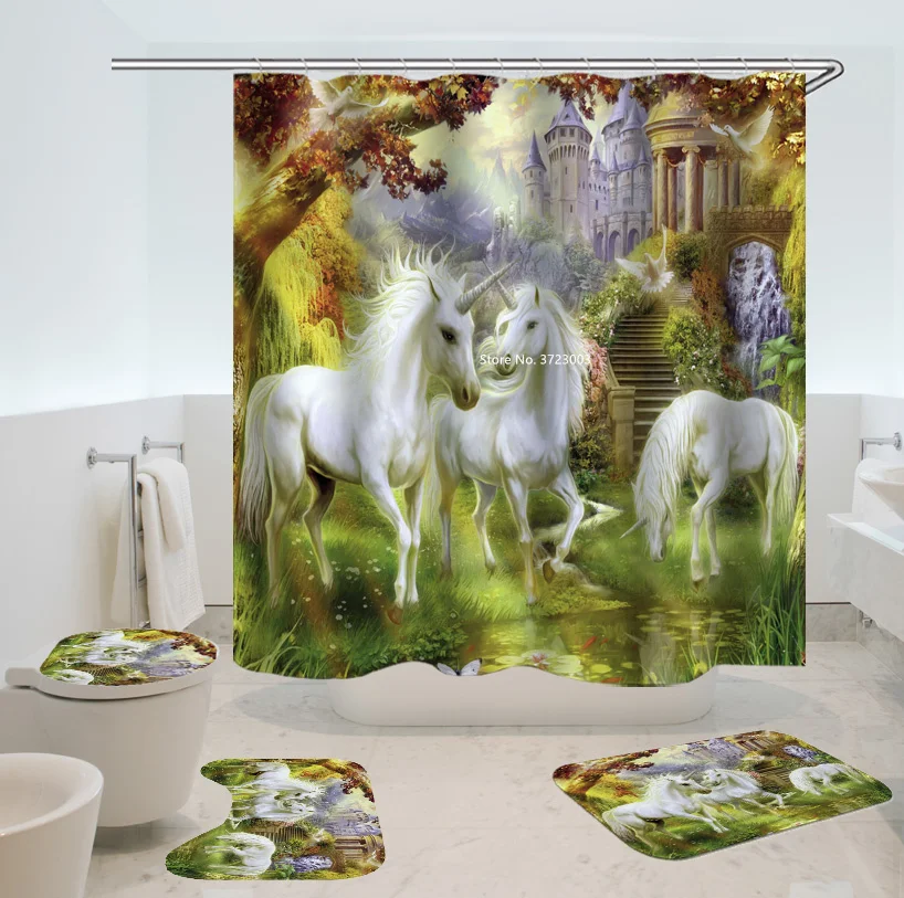 

3D Unicorn Shower Curtain Waterproof Bathroom Curtain Hook Non-slip Bath Mat Cover Soft Carpet Toilet Carpet Home Decor