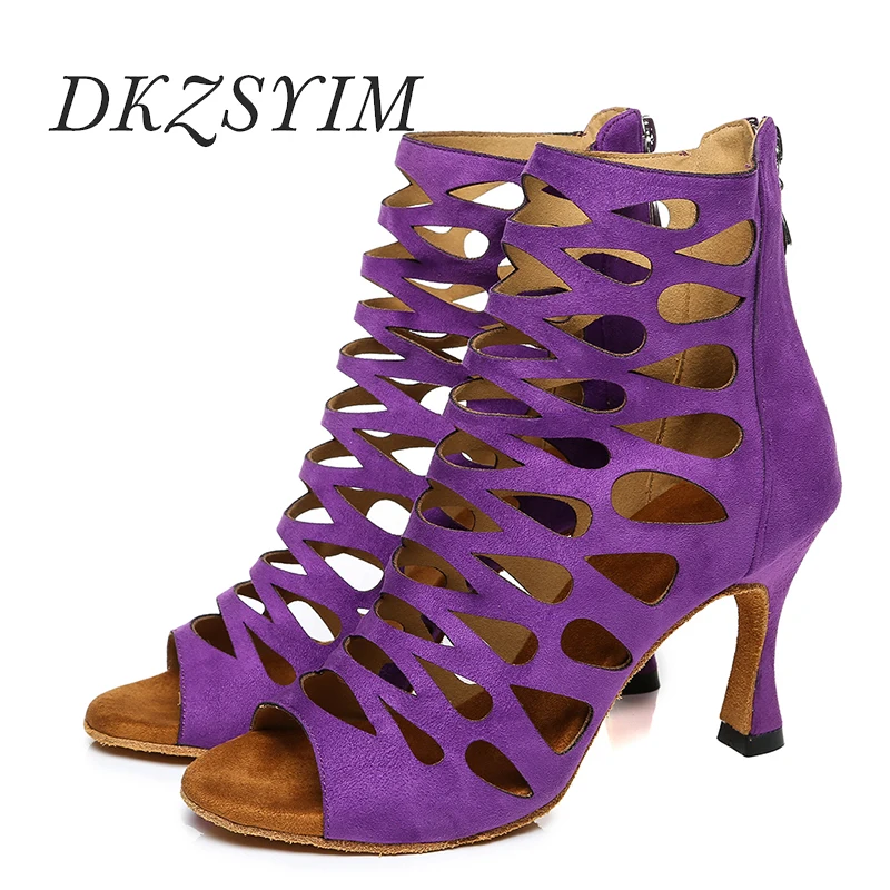 DKZSYIM Cut-Outs Latin Dance Shoes Women High Heels 6-10CM Ballroom Tango/Salsa Dance Boots Open-Toe High Top Dance Shoes Zipper