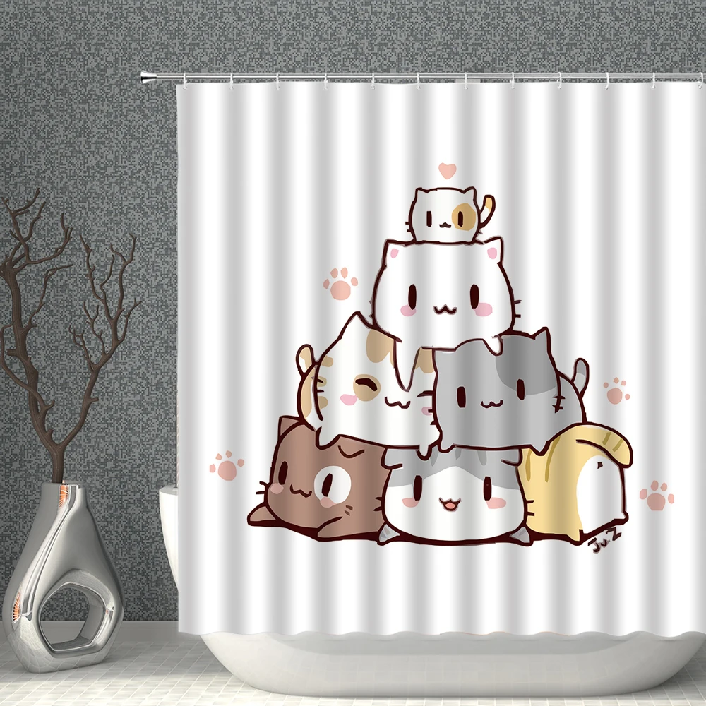 

Cartoon Shower Curtain Cat Pattern Polyester Fabric Waterproof And Mildewproof Household Decoration Bathroom Screen With Hooks