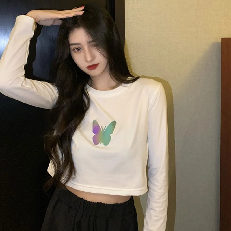 

Women's Autumn Net Red Reflective Butterfly Short T-shirt Bottom Shirt