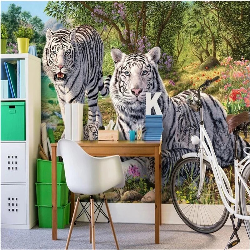 Custom photo 3d Self Adhesive wallpaper Non-woven Green forest white tiger living room background decoration painting murals |