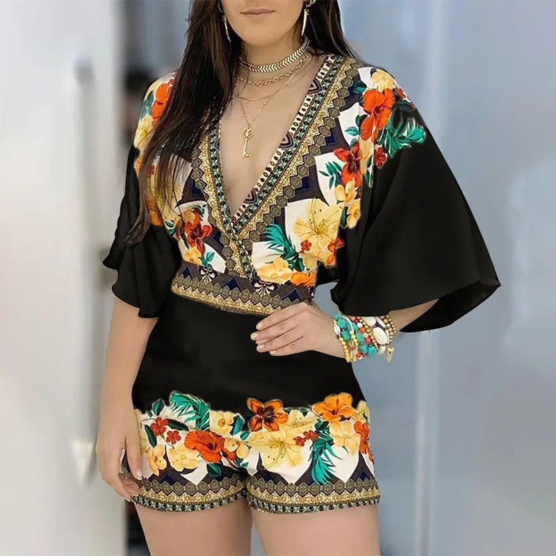 

Sexy Deep V Neck Backless Rompers Women Ruffles Short Sleeve Printed Playsuits Female 2020 Summer Casual Party Playsuit Ladies