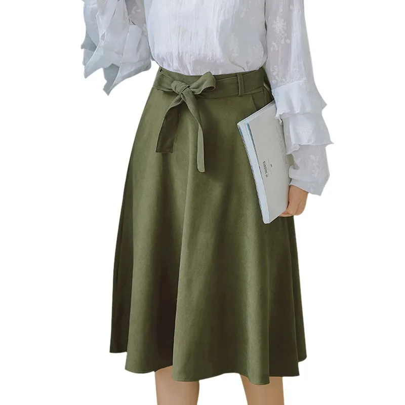 

Women Elegant Skirt High Waist Pleated Knee Length Vintage Big Bow Solid Color Skirts