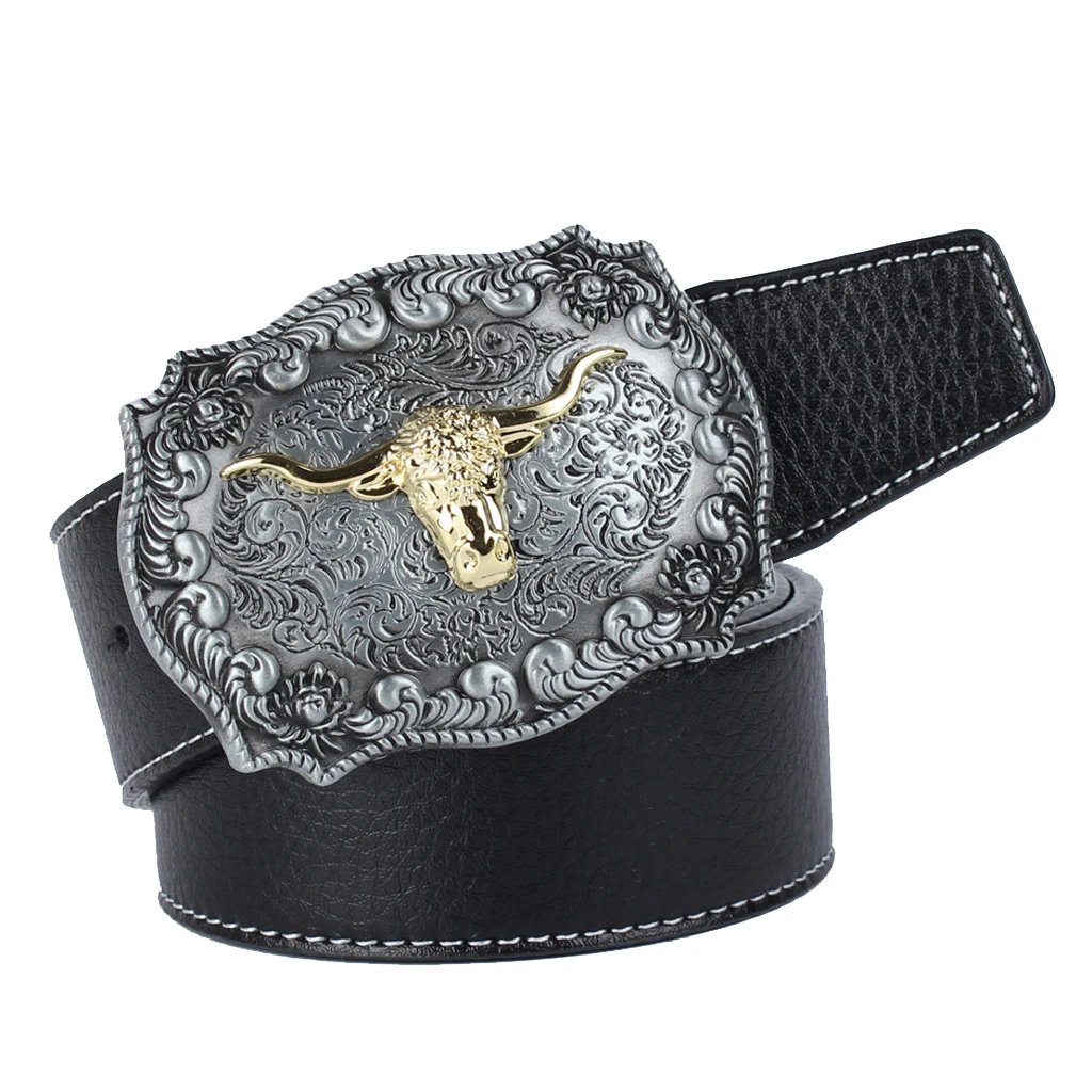 

Mens Western Leather Cowboy Belt Vintage Metal Buckle Waist Strap Men's Accessories