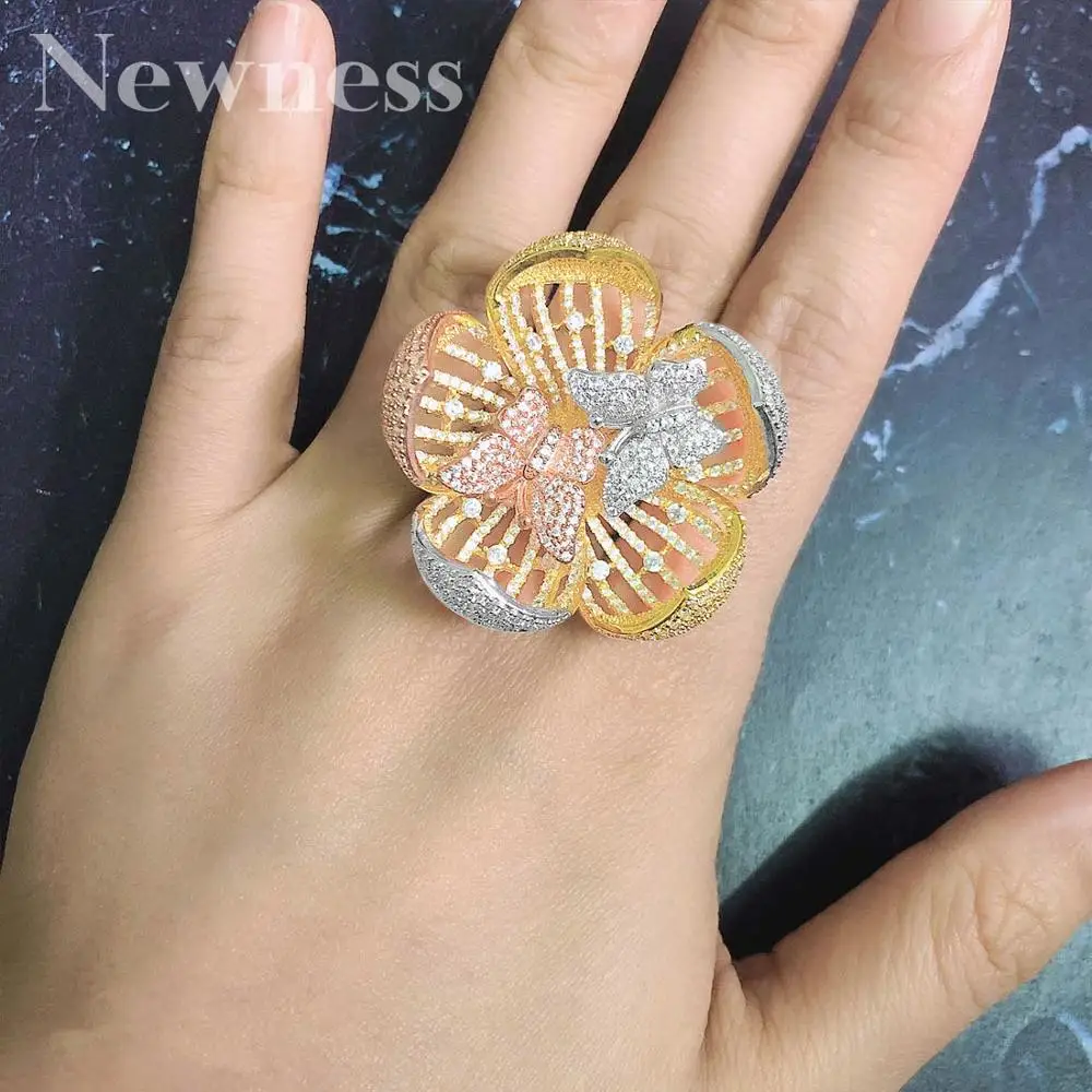 

Newness Big Blooming Flower 3 Tone Copper Engagement Dubai Naija Bridal Rings For Women Wedding Bridal Gift Jewelry