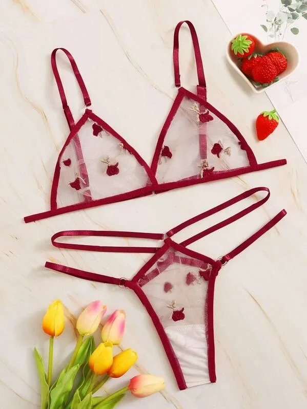 

Hot red transparent lace printed front hasp breathable summer three-point piece sexy lingerie