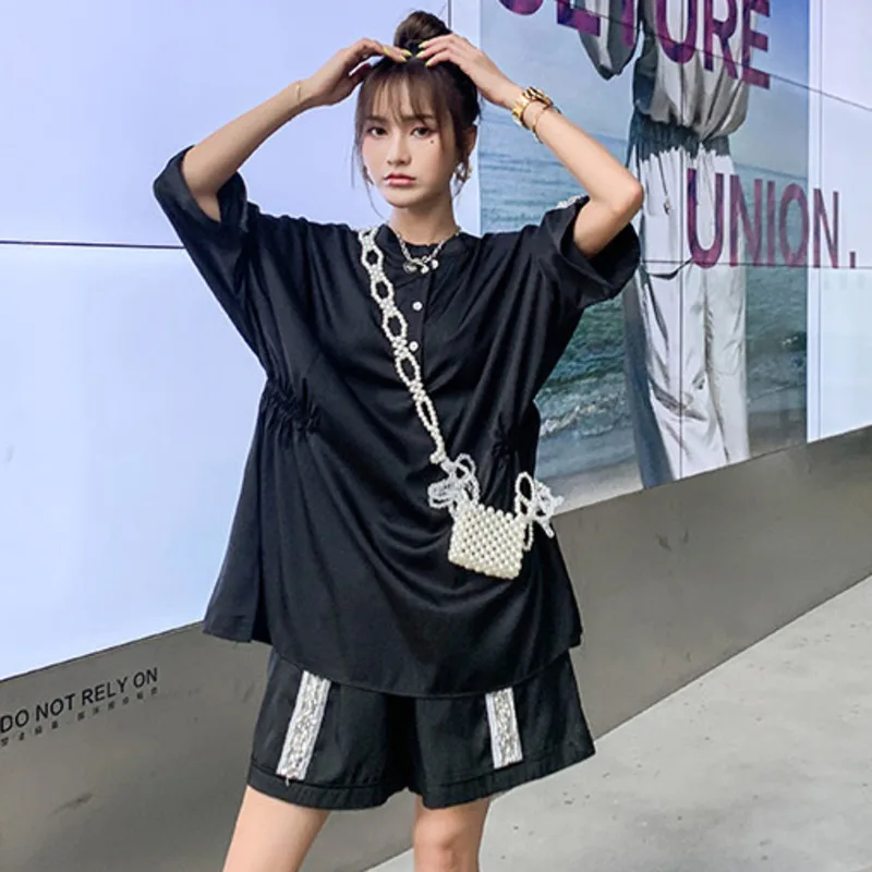

Vefadisa Black White Summer Diamonds Women Set 2021 Oversize Short Sleeve T-shirt + Patchwork Shorts Casual 2 Piece Set QYF5792