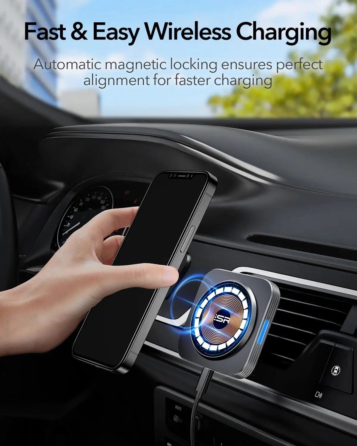 ESR-soporte magn&eacute;tico de tel&eacute;fono para coche, cargador inal&aacute;mbrico para iPhone 13 Pro Max, HaloLock, 15W, montaje 12-2