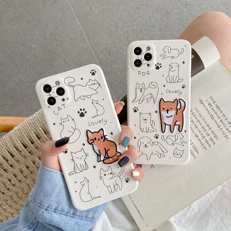3d cute cartoon embroidery cat dog phone case for iphone 12 11 pro max x xs max xr 7 8 puls se 2020 cases soft leather cover free global shipping