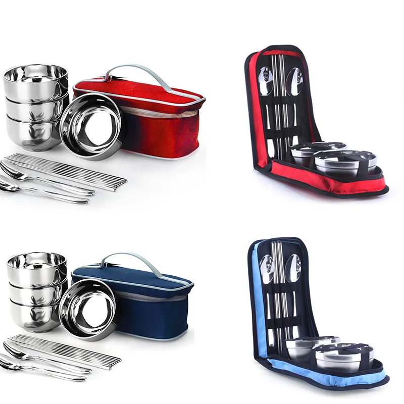 

Picnic Tourist Set Outdoor Stainless Steel Tableware Camping Cutlery Chopsticks Spoon Bowls Bag Dinnerware Travel Tools