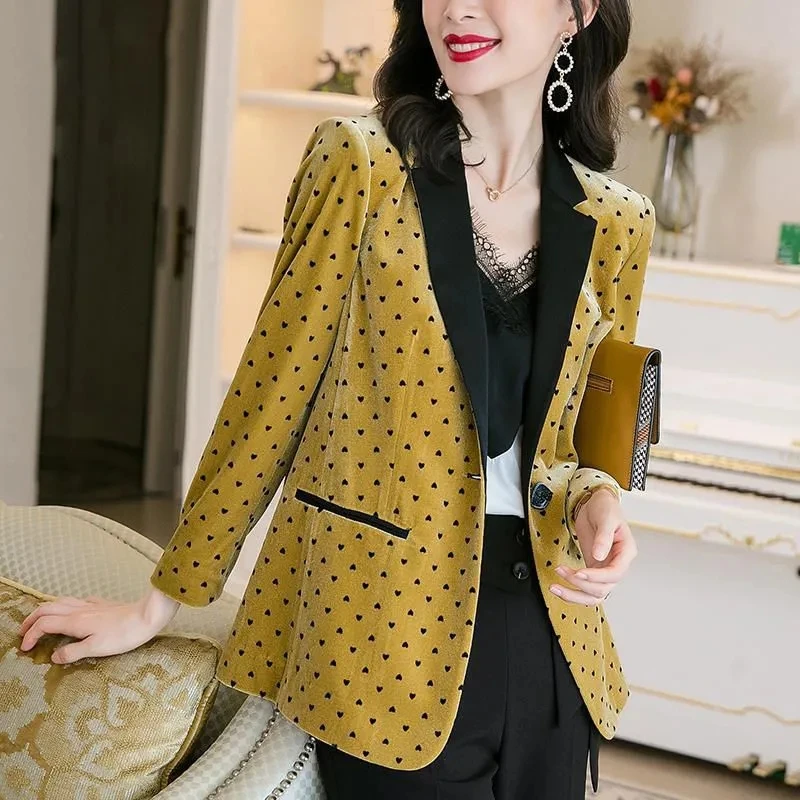 

Женский бархатный блейзер в горошек, винтажный Повседневный офисный пиджак с отложным воротником и одной пуговицей, Весенняя верхняя одежд...