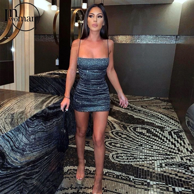 

INWOMAN Party Ruched Mini Dress Women Bodycon Wrap Hollow Out Sexy Clubwear Short Dress Female Spaghetti Strap Pencil Dresses
