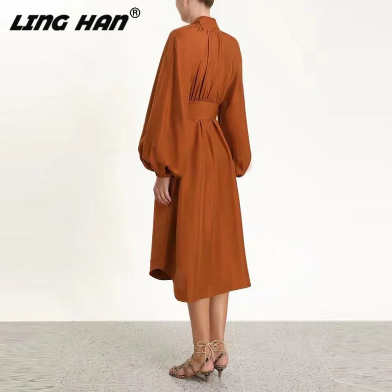 LINGHAN/винтажное однобортное платье для женщин; элегантные кружевные буффы на рукавах; женские дизайнерские осенние платья; Новинка