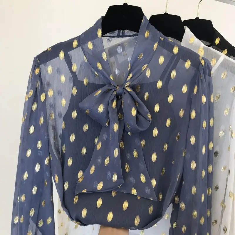 

Женская шифоновая рубашка с бантом, элегантная рубашка в горошек в офисном стиле, Женская приталенная белая универсальная шифоновая блузка...