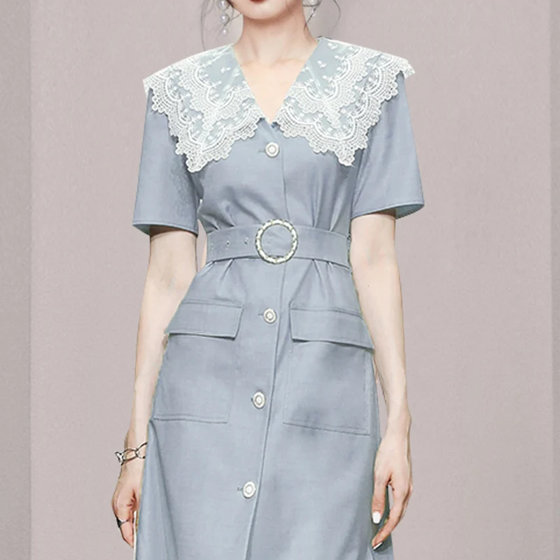 

Lace Patchwork Summer Mini Dress Women Korean Party Dress Single Breasted Elegant Office Dress with Belt Plus Size Blue C511