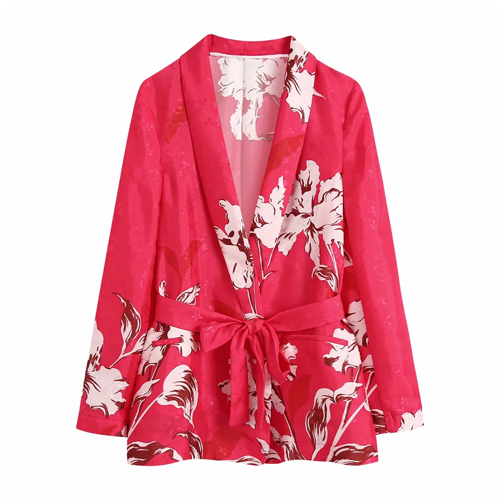 

Women 2021 Fashion With Belt Floral Print Blazer Coat Vintage Long Sleeve Welt Pockets Female Outerwear Chic Veste