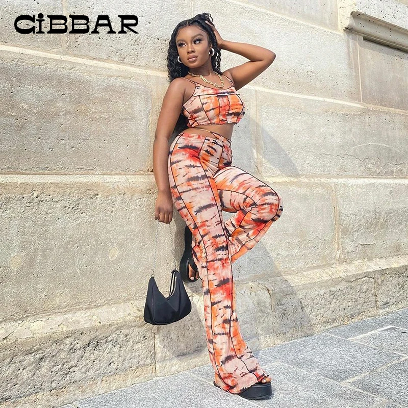 

CIBBAR Summer Hipster Printing Two Piece Set Women 2021 New Sexy Camisole And High Wasit Long Pants Matching Outfits Streetwear