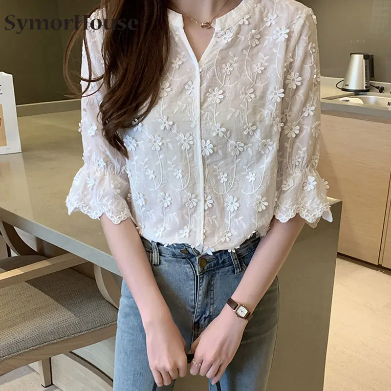 

Summer Embroidery White Blouse Shirts Women Clothes Camisas Blusas Flare sleeve 2022 Chiffon shirts tops Girls