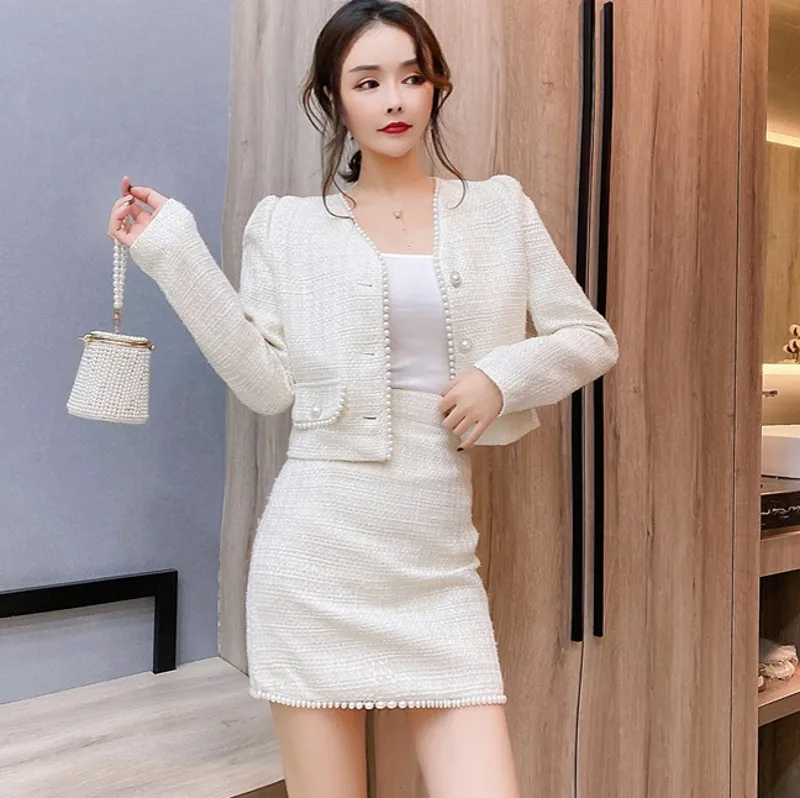 

Женский твидовый костюм с юбкой, элегантный комплект из двух предметов, укороченный топ и мини-юбка, осень 2021