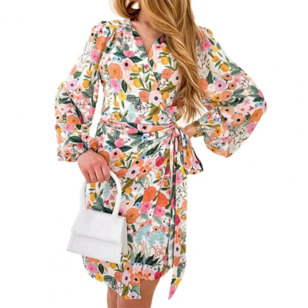 

Women Dress Floral Print Spring Autumn Dresses Irregular Bandage V-Neck Long Sleeve Slim Mini Dress for Daily Wear