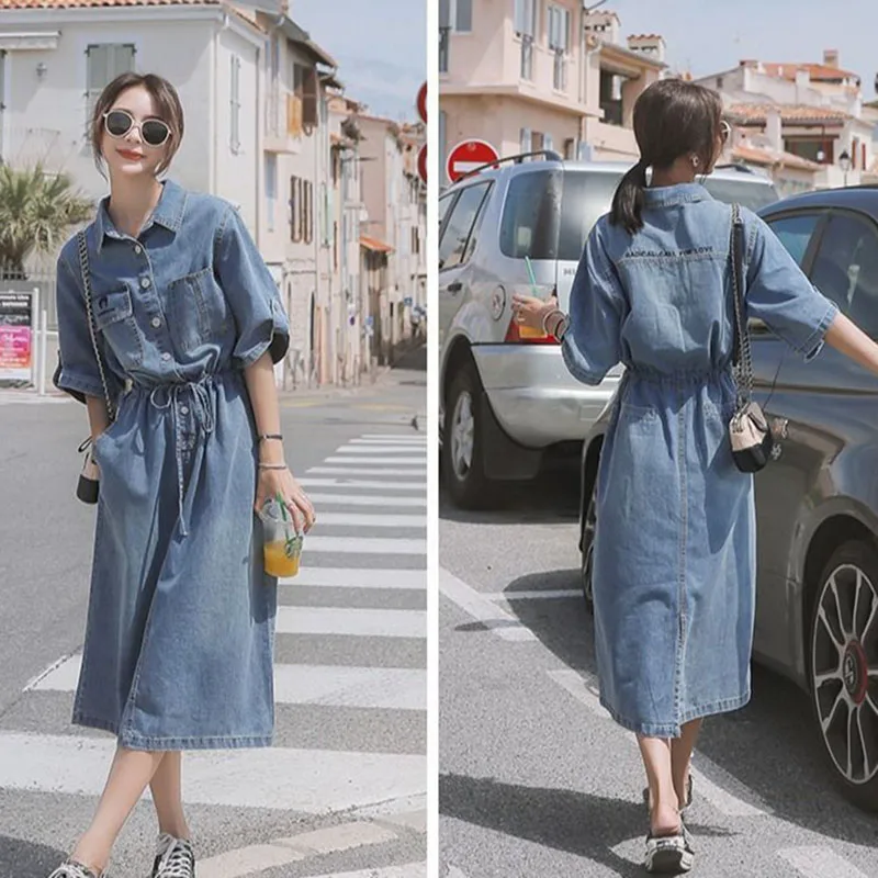 

2021 New Fashion Summer Women Denim Dress Casual Large size Loose Long Short sleeve Lapel Single Breasted Pocket Dresses OK678