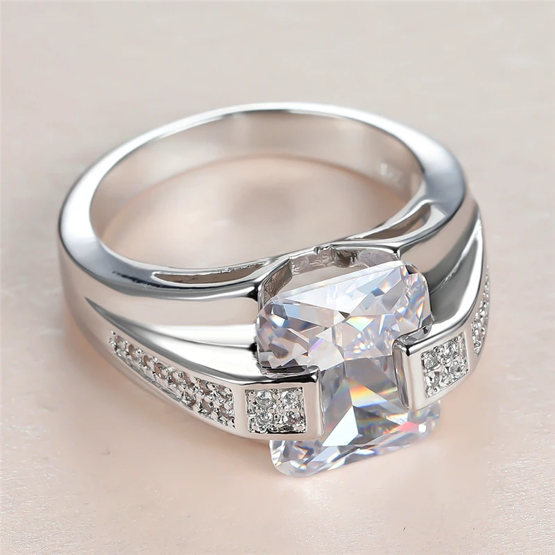 

Male Female White Crystal Stone Ring Vintage Silver Color Wedding Ring Promise Square Zircon Engagement Rings For Women Men