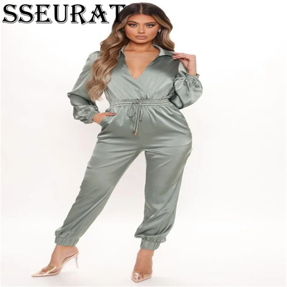 

SSEURAT Satin Jumpsuit Fashion Women long Sleeve Lapel Button Rompers Autumn Belted Playsuits