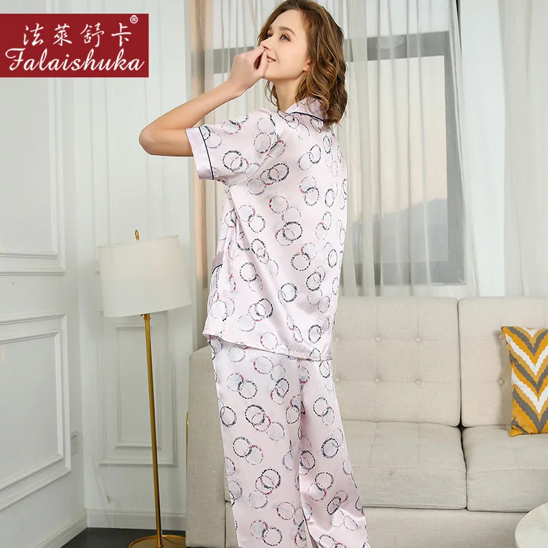 100% Natural Silk Pajama Sets Female Summer Real Silkworm Silk Sleepwear Short Sleeve Long Pants Printed Women Pyjamas T8237