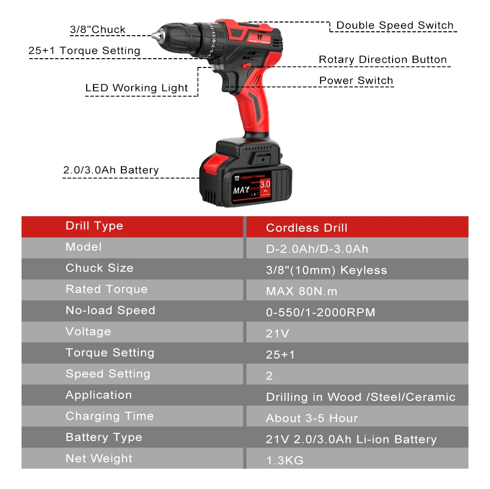 Аккумуляторная дрель-шуруповерт Power Panda 21 в литий-ионная батарея 25 + 1 настройки |
