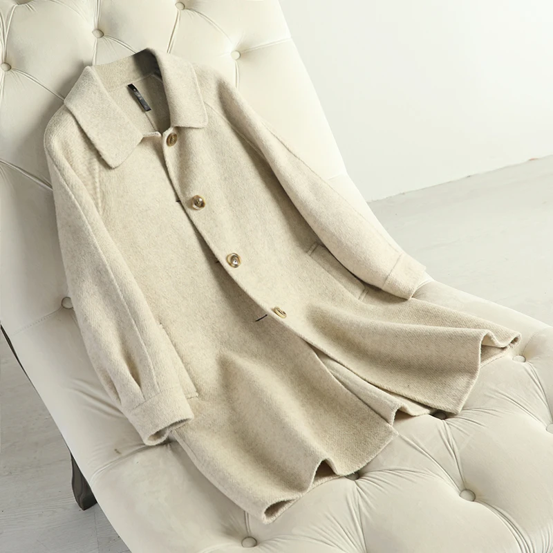 

Женское шерстяное пальто 2019, Зимняя женская шерстяная верхняя одежда средней длины с воротником Питер Пэн, однобортная шерстяная верхняя о...